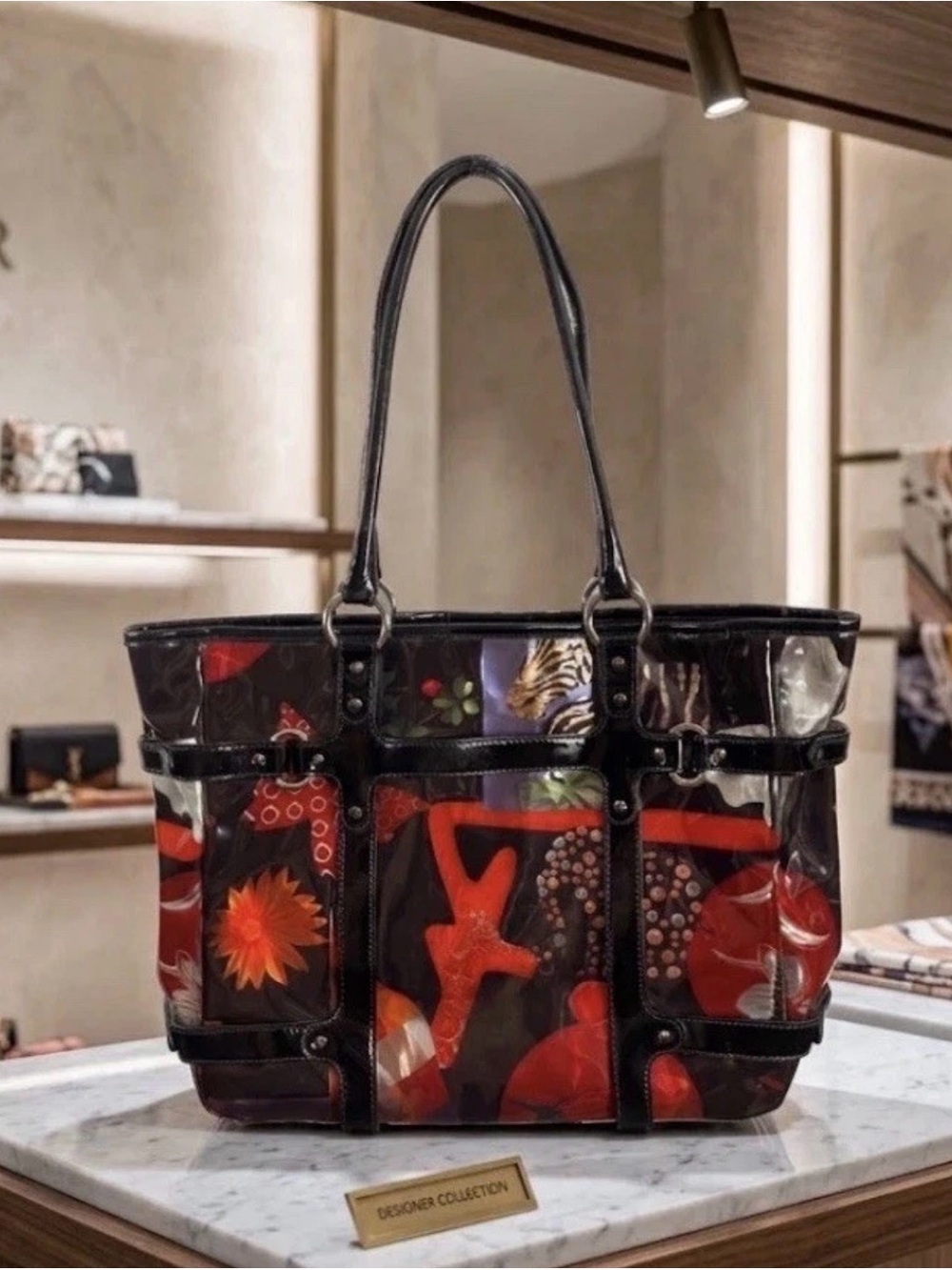 Vintage Salvatore Ferragamo Handbag Red Black Patent Floral & Animal Print Tote